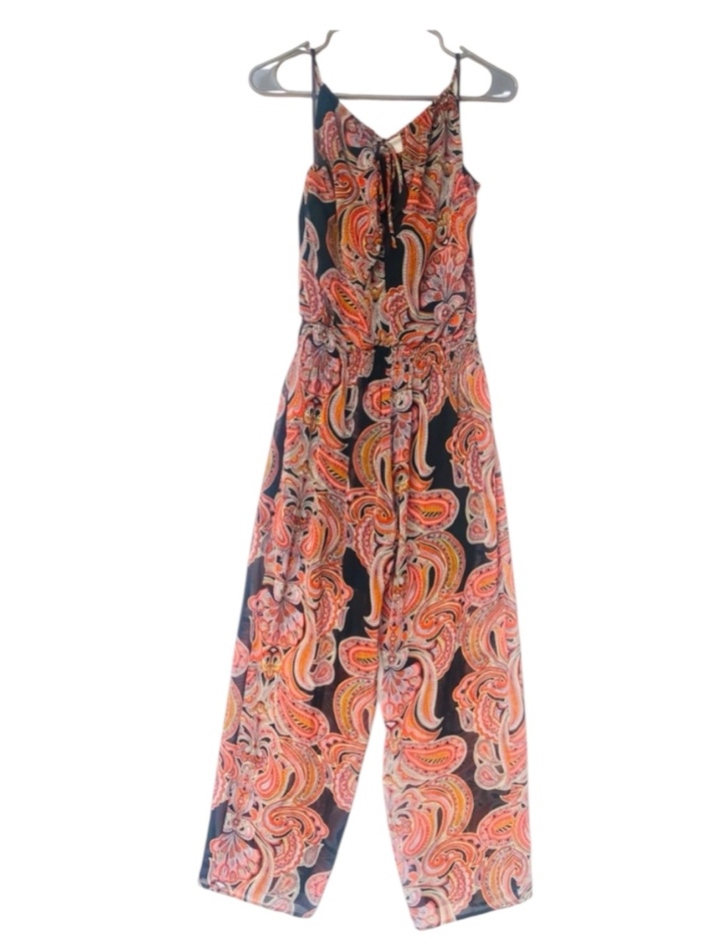 Sweet Storm Black & Orange Floral Paisley Boho Wide Leg Jumpsuit Size Medium